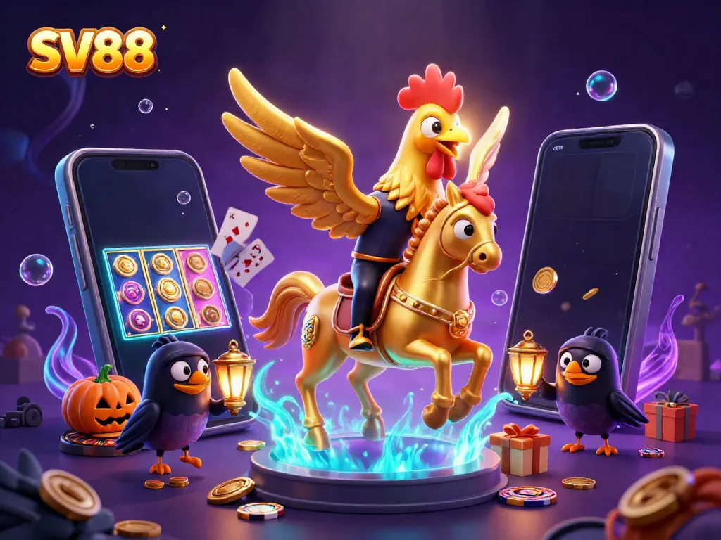 Engage in thrilling gameplay at SV88 with a dynamic and colorful casino scene featuring gaming elements and characters.