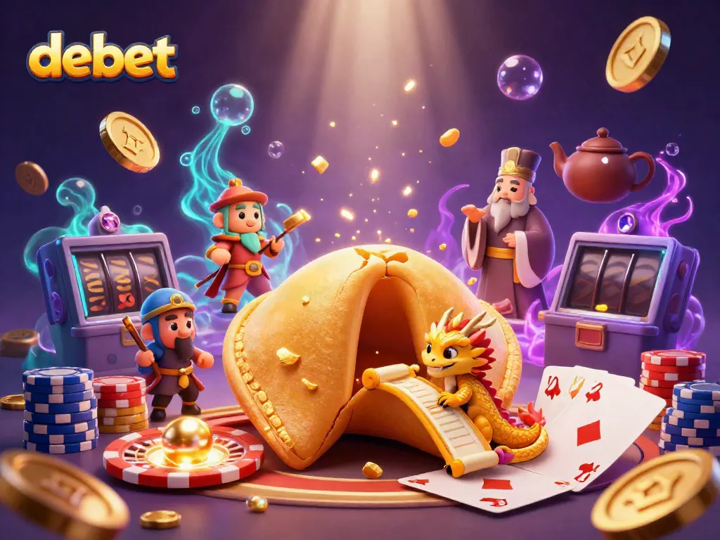 Engage with debet in a vibrant 3D casino atmosphere, featuring a golden fortune cookie, dragon, and dynamic game elements.