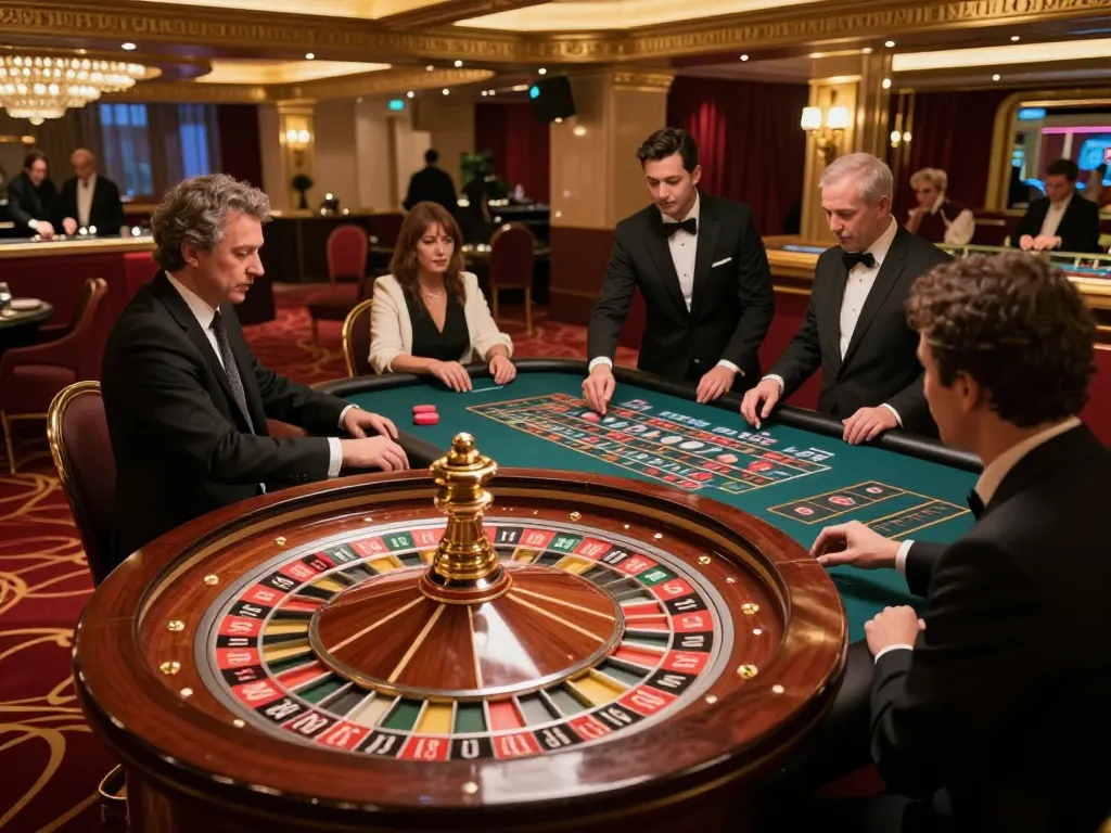 Experience the thrill at u888's luxurious roulette table with players focused on winning.