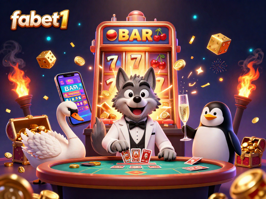Engage with fabet1's vibrant 3D casino scene featuring a debonair wolf, elegant swan, and stylish penguin.