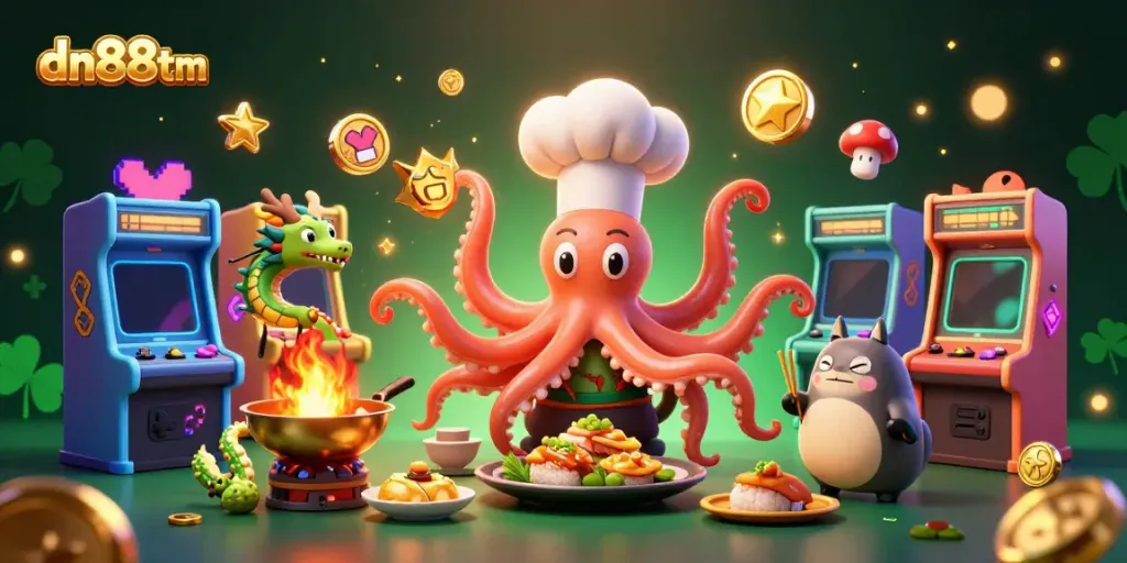 Engage in vibrant gaming with dn88tm as our sushi chef octopus creates golden dishes amidst animated game elements.