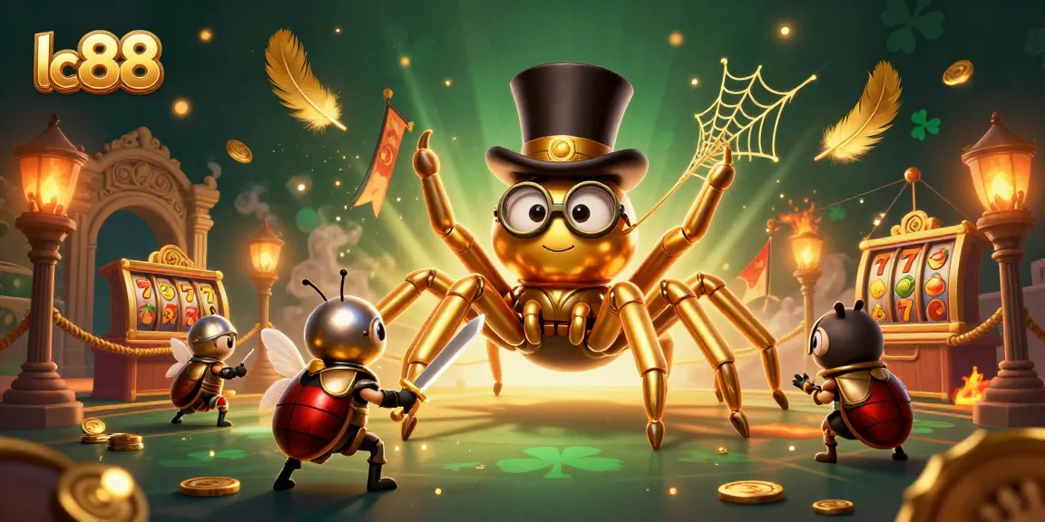 Engage with lc88's exciting 3D casino themed illustration featuring a brave beetle knight and a golden tarantula.