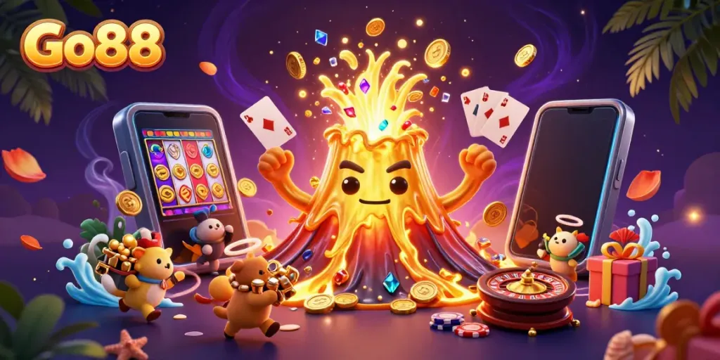 Experience the excitement of Go88 with a vibrant casino-themed illustration showcasing treasures and games.