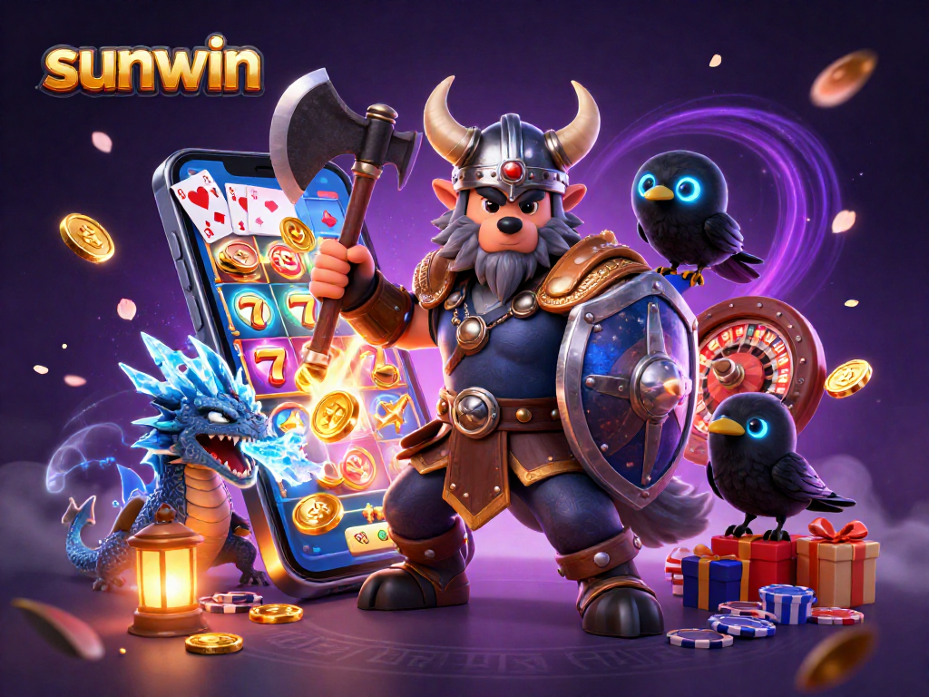 Engage with sunwin's thrilling slot game action featuring a Viking wolf warrior and dragon.
