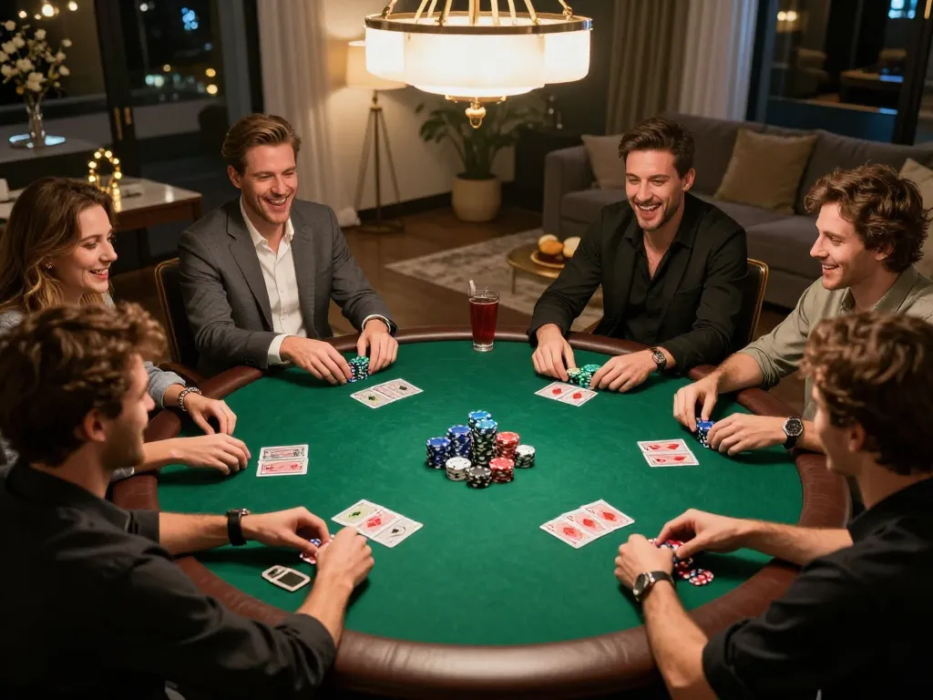 Friends enjoying a lively poker night at home, featuring ALO8 gaming elements and vibrant social atmosphere.