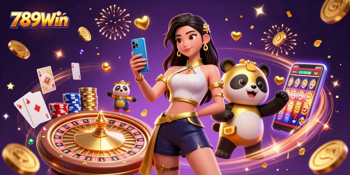 Engage with 789Win casino game excitement, featuring an Asian woman holding a smartphone with vibrant visuals.