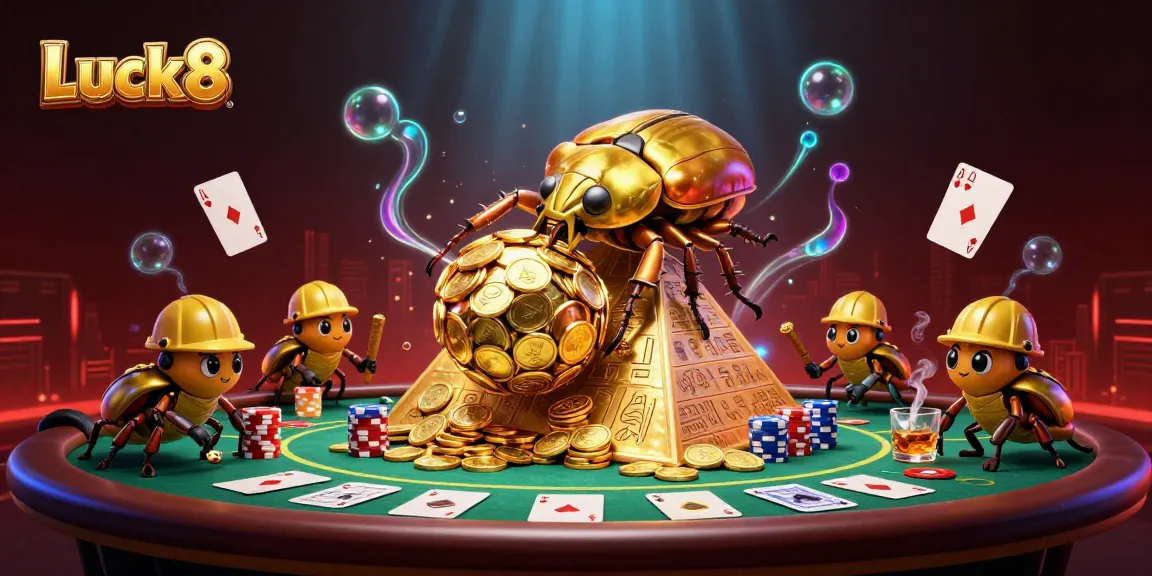 Experience excitement at Luck8 with engaging gaming adventure featuring gold beetles, poker chips, and casino elements.
