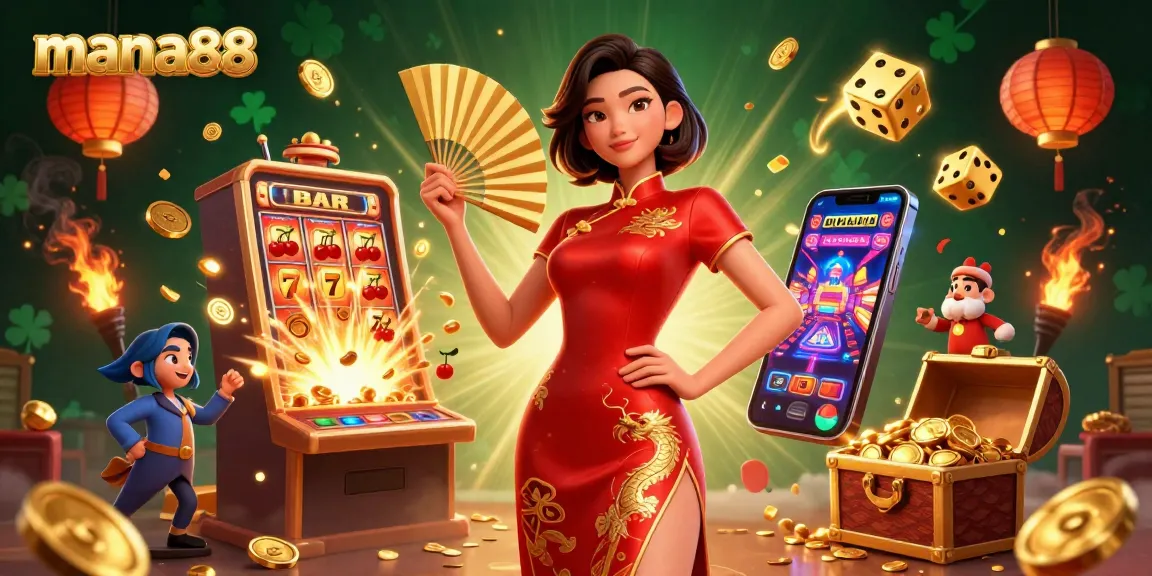 Spin to win big with mana88 as a beautiful Asian woman celebrates in a vibrant casino backdrop.