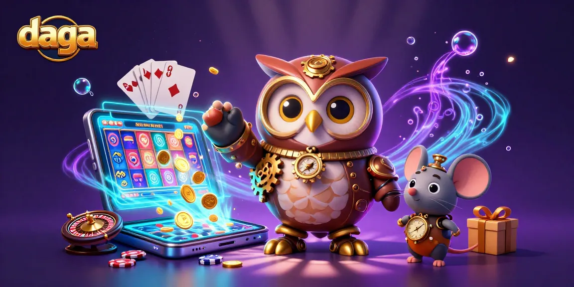 Experience thrilling gaming action at daga with vibrant slot games and lively casino elements in a 3D illustration.