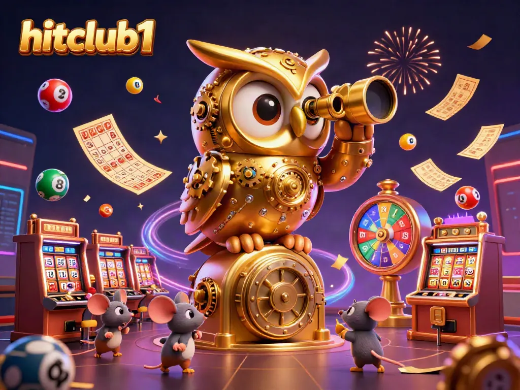 Experience thrilling games at hitclub1 with a golden owl overseeing a vibrant casino scene.