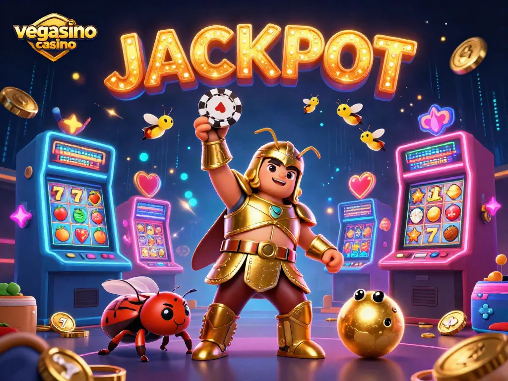 Experience excitement at vegasino casino with beetles lifting chips amidst vibrant slot machines.