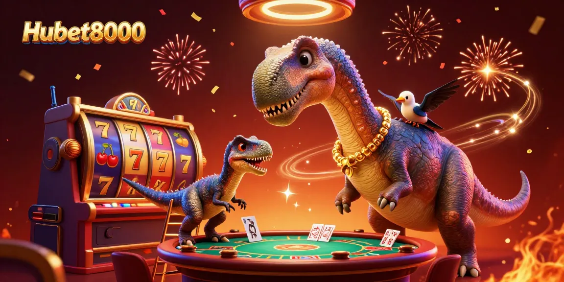 Engage in thrilling slots at Hubet8000 with brontosaurus and raptor amidst vibrant casino elements.