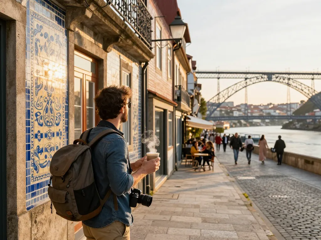 Reisetipps Porto mit einem Reisenden, der die lebhaften Straßen und die Architektur von Porto während der goldenen Stunde genießt.