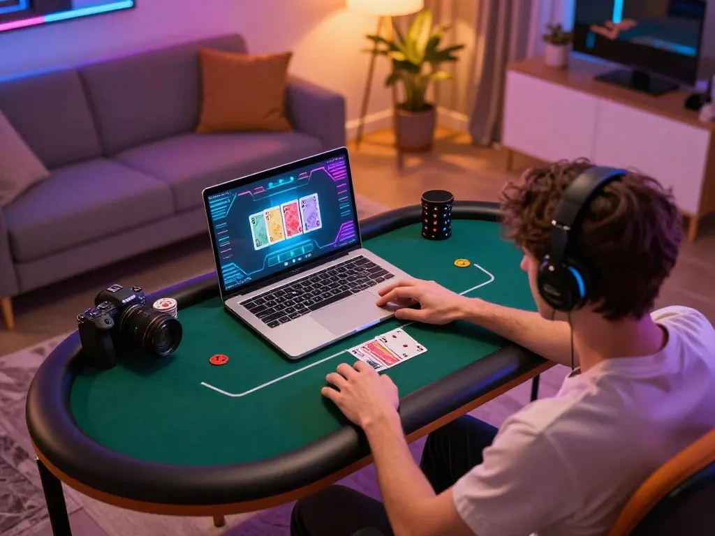 Player enjoying poker on laptop, showcasing the engaging experience of RR88 online gaming.