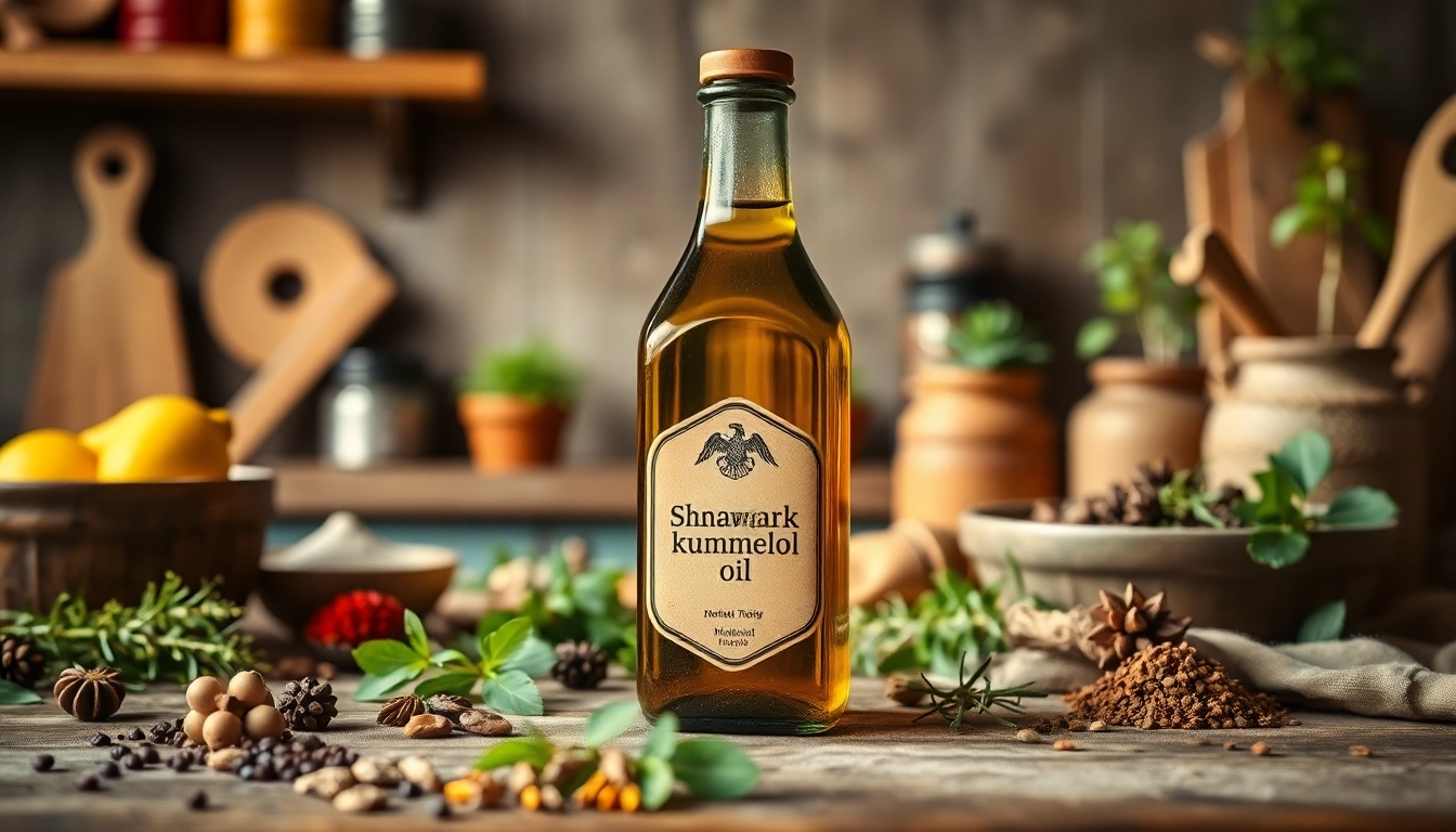 Schwarzkümmelöl bottle showcased amidst herbs and spices, highlighting natural health benefits.