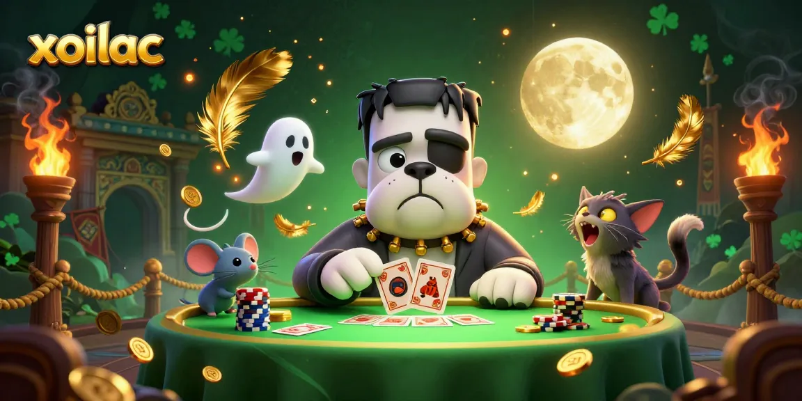 Xoilac captures the excitement of gambling with a Frankenstein bulldog dealer and festive casino elements.