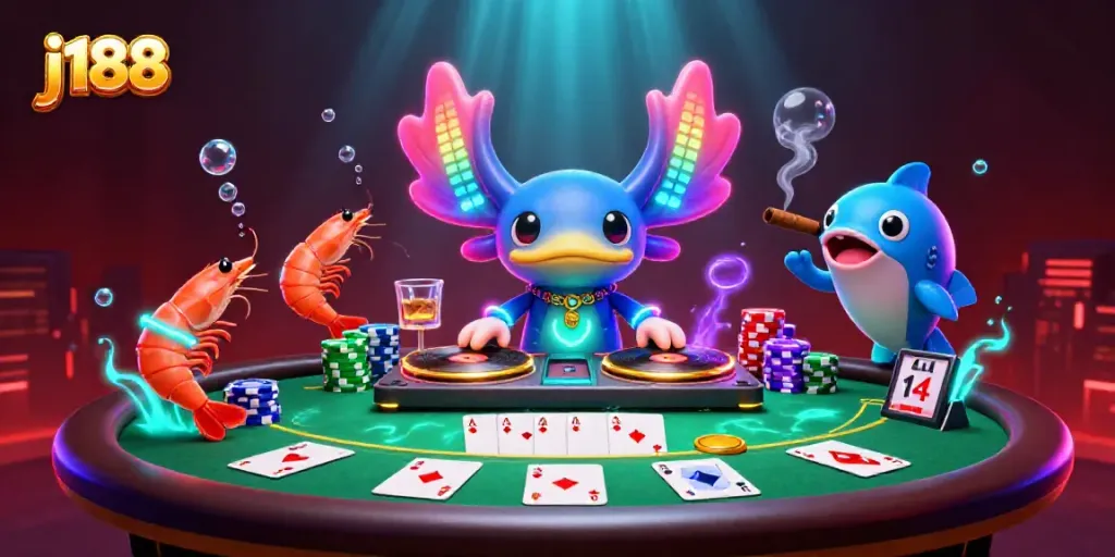 Catch the excitement at j188 with a vibrant 3D illustration of an axolotl DJ and poker elements.