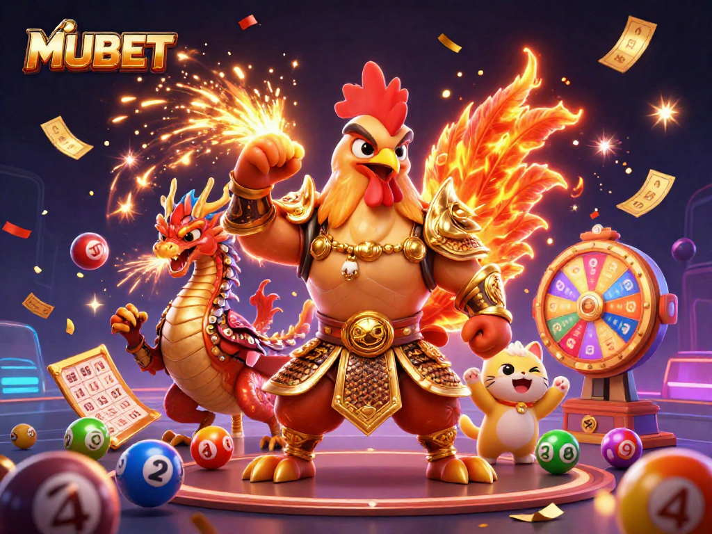 MUBET offers exciting lottery action featuring a fighting rooster warrior and dragon hatchling.