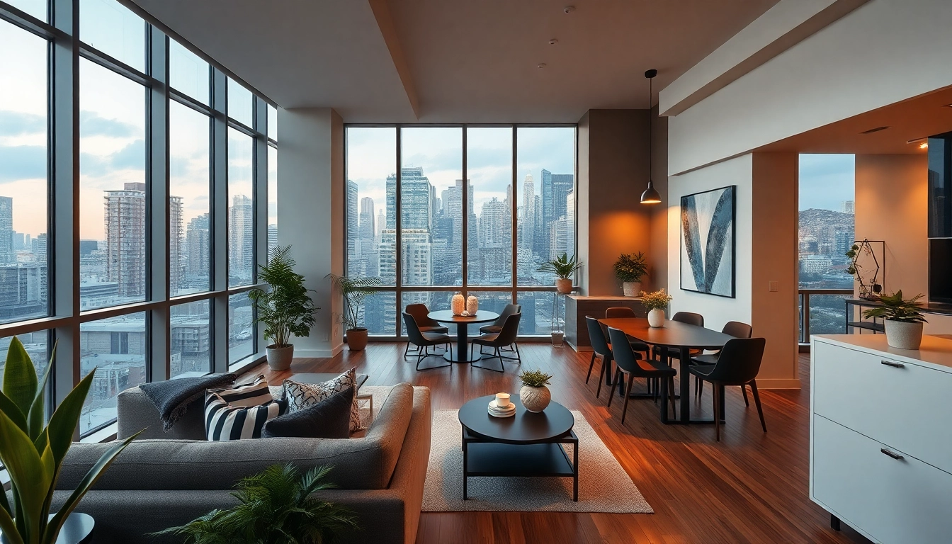 Wohnung kaufen: Modernes, stylisches Zimmer mit großem Stadtblick.