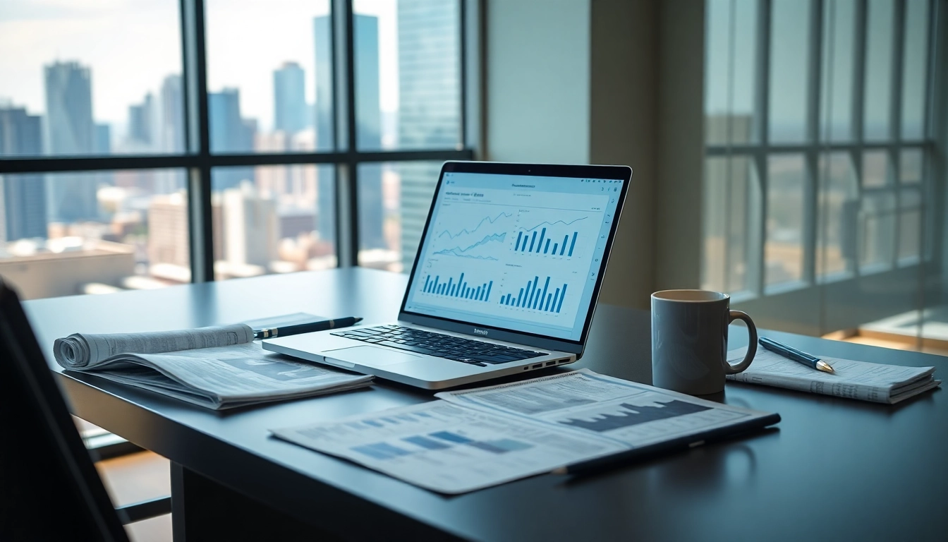Effektive Finanzanalyse auf einem aufgeräumten Arbeitsplatz mit Laptop und Stadtblick.
