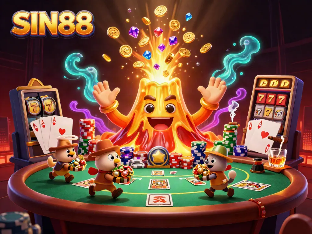 SIN88 showcases a triumphant golden volcano erupting with treasure while poker elements surround explorer animals, creating a vibrant gambling scene.