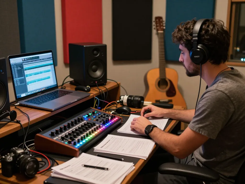 Sound engineer working with DA88 multitrack recorder in home studio, showcasing audio equipment and creative atmosphere.