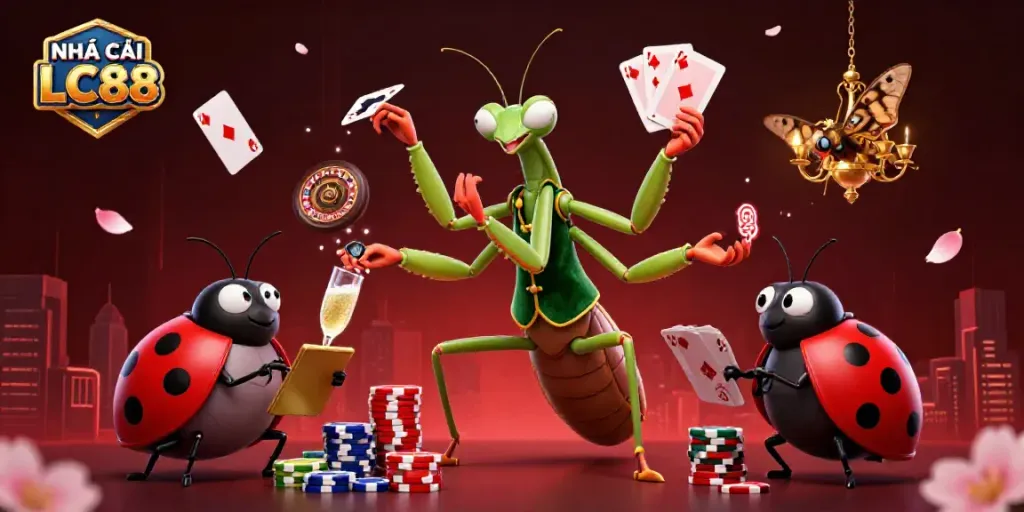 Engage in vibrant casino action with NHÀ CÁI LC88, featuring a playful mantis card dealer and ladybug pit boss.