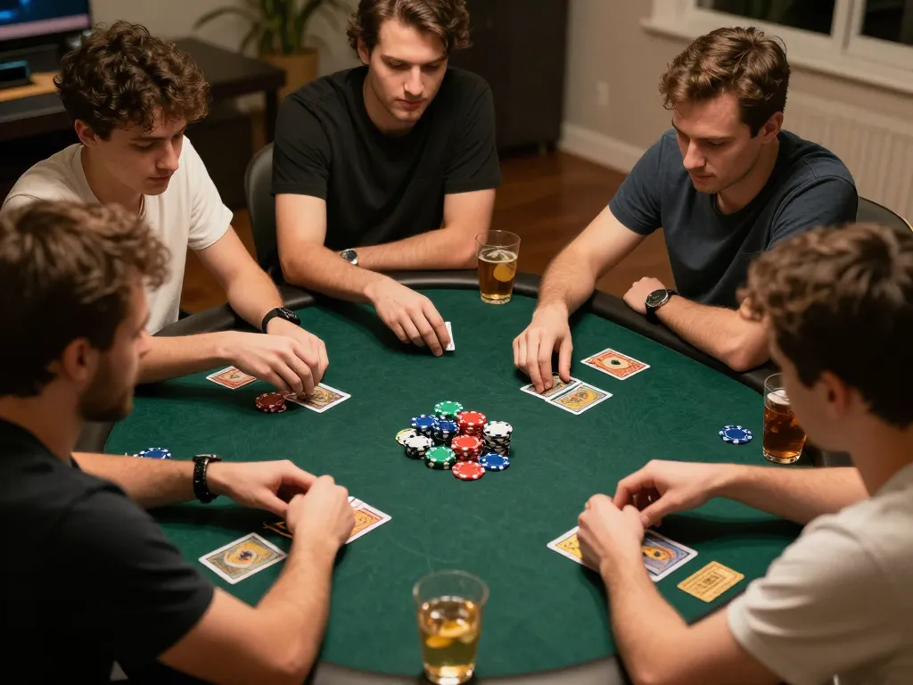 Engaged players at home poker night strategizing for a winning hand with pfly88 at stake