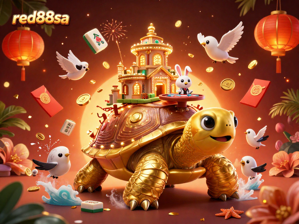 Win big on red88sa with an engaging 3D casino scene featuring vibrant characters and festive elements.