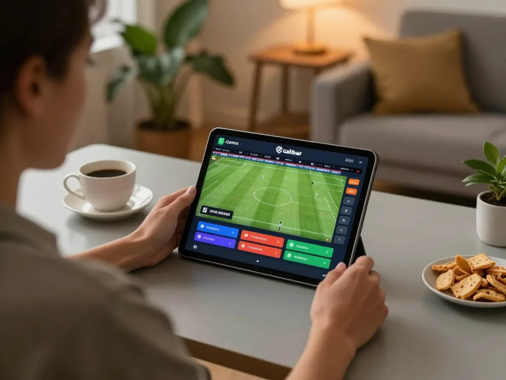 Cakhia streaming football match on a tablet during mobile sports betting at home, featuring an engaging setup.