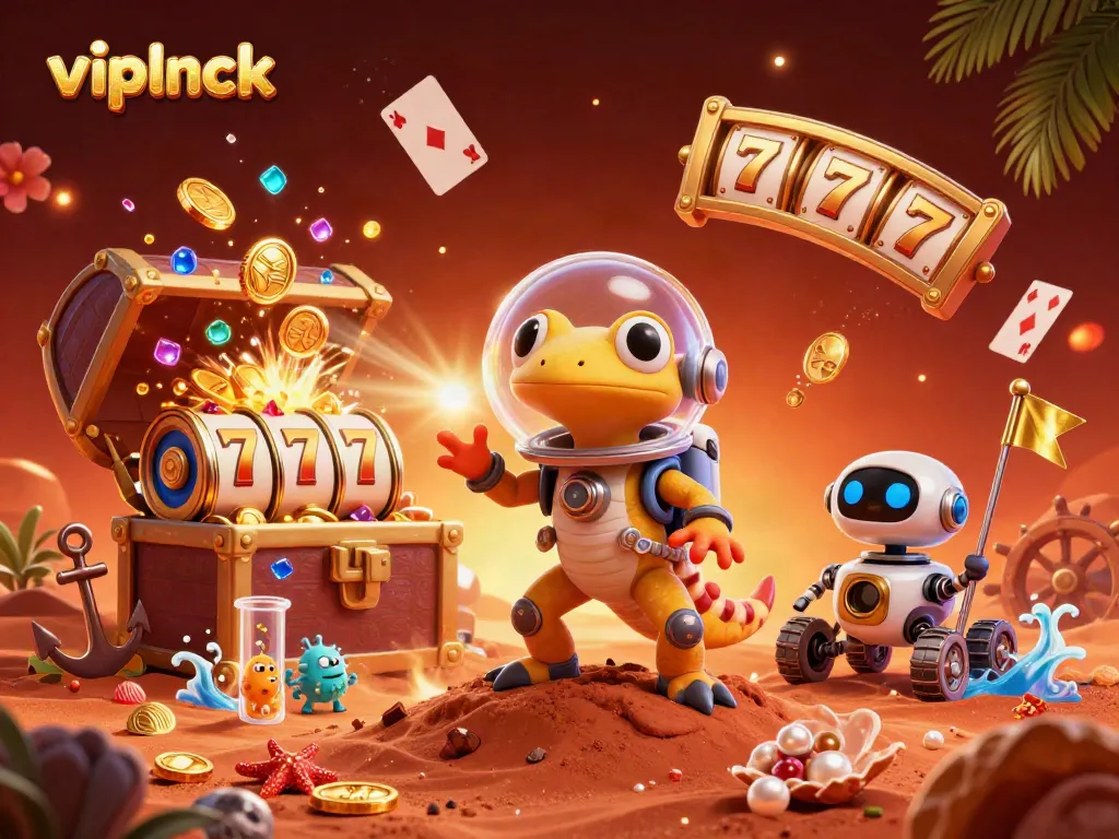 Experience the excitement of vipluck with a Martian gecko discovering a golden casino amidst thrilling slot reels.