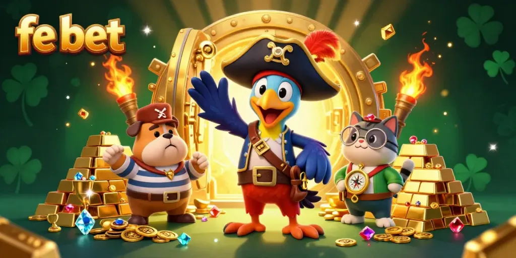 Engage with fe bet's thrilling online casino experience in this vibrant 3D illustration filled with treasure.