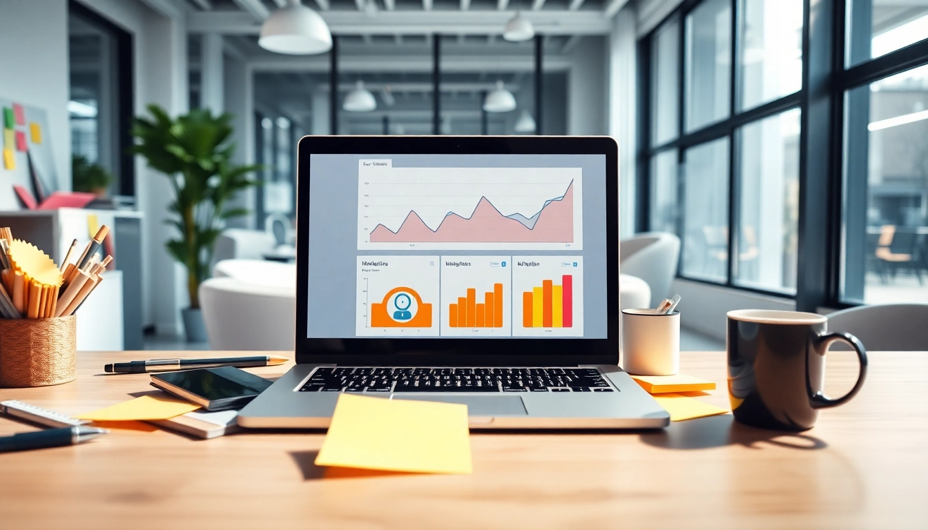 Online Marketing Strategien im modernen Büro mit Laptop und kreativen Materialien.