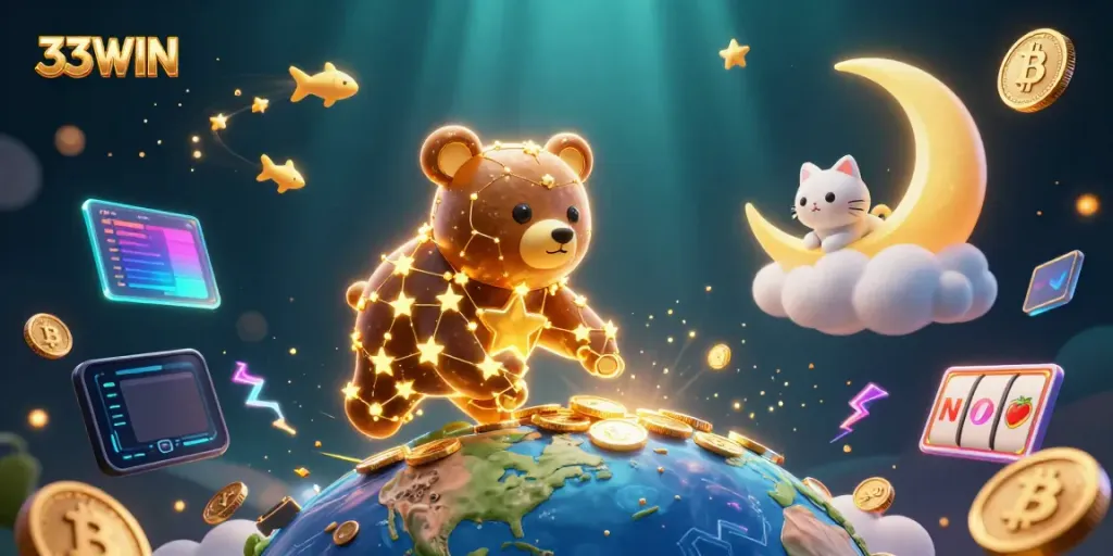 Experience the magic of 33WIN with a constellation bear, crypto coins, and lively casino elements.