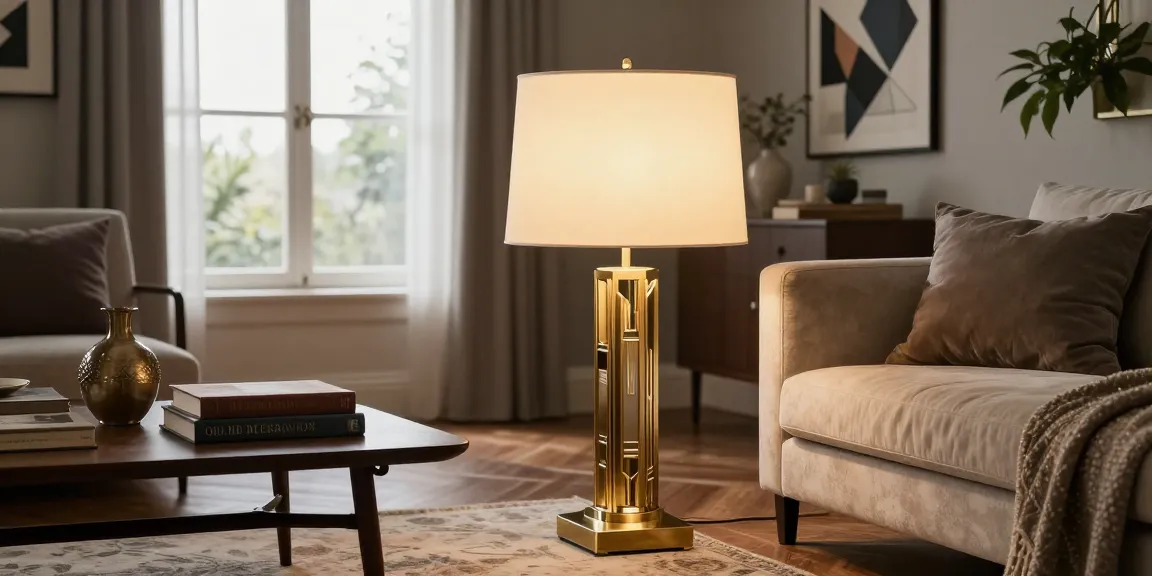 Stilvolles modernes Interieur mit einer Art Deco Lampe mit geometrischen Mustern, die ein schickes Wohnzimmer beleuchtet.