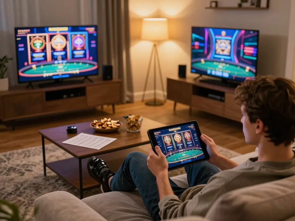 tv88 gaming experience at home, player using a tablet for online casino games, cozy atmosphere