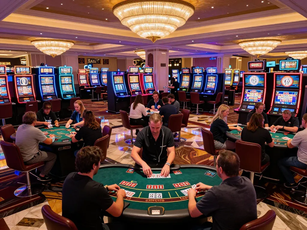 VA88 blackjack players strategically placing bets at a vibrant Las Vegas casino.