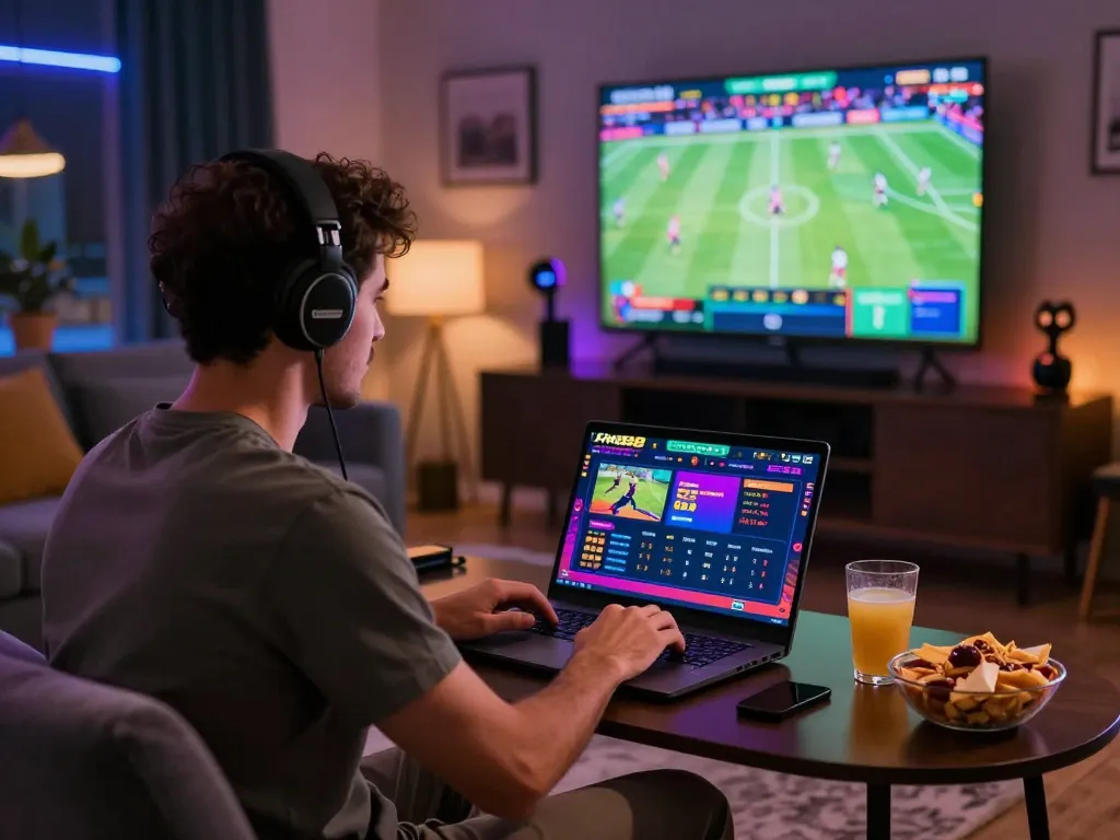 Man engaging with five88 online gaming platform in a modern lounge during a live sports event.
