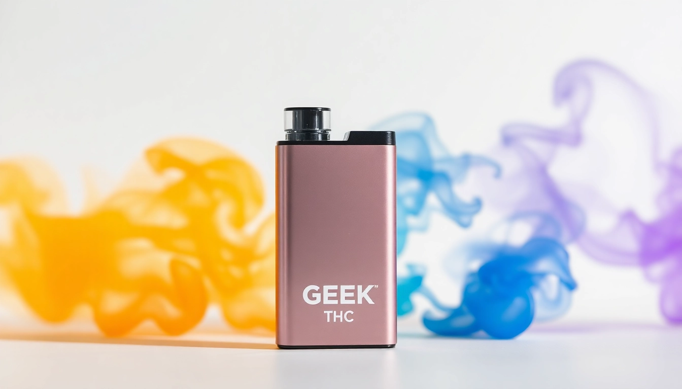 Explore GEEK THC disposable vape showcasing its premium design against vibrant vapor clouds.