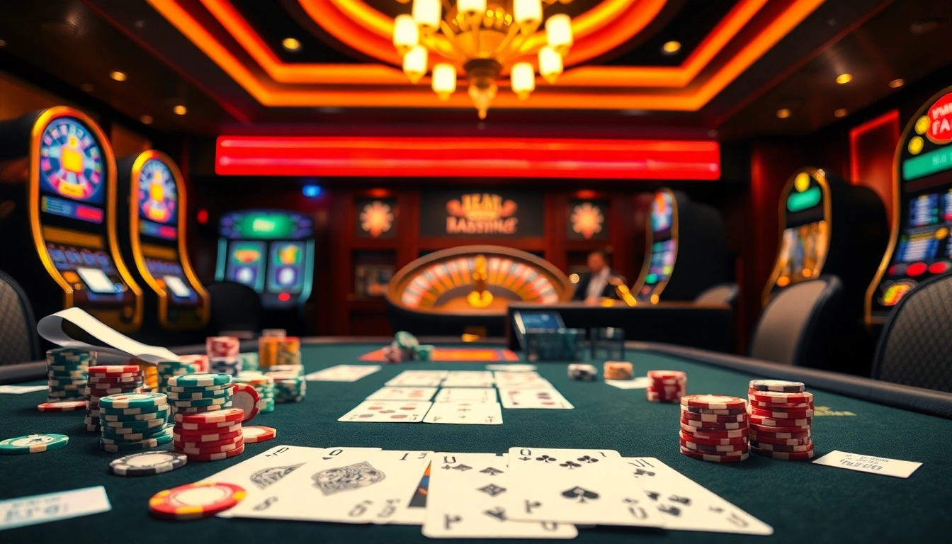 Experience high-stakes gambling with tr88 action in a luxurious casino filled with poker chips and roulette.