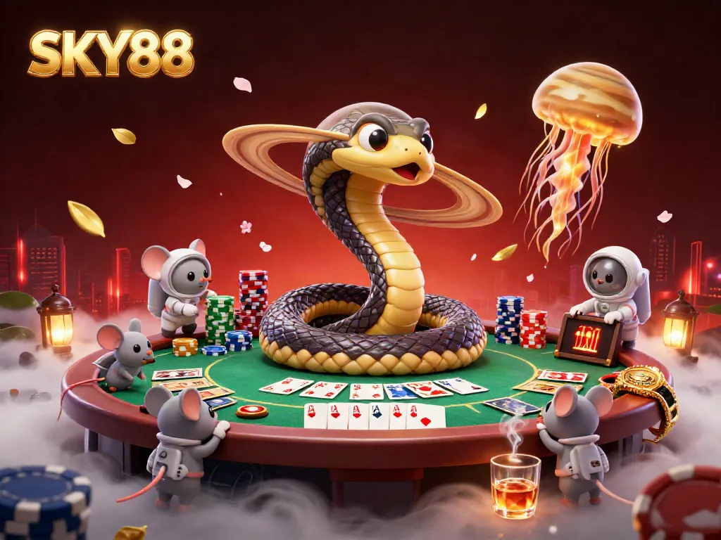 Experience thrilling gameplay at SKY88 with dynamic astronauts betting on roulette rings, vibrant casino elements.
