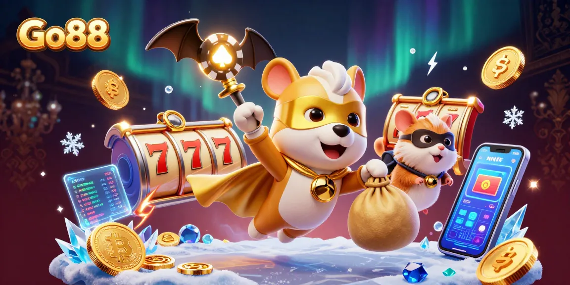 Experience the thrill of Go88 casino gaming with dynamic 3D illustrations showcasing superheroes and gaming elements.
