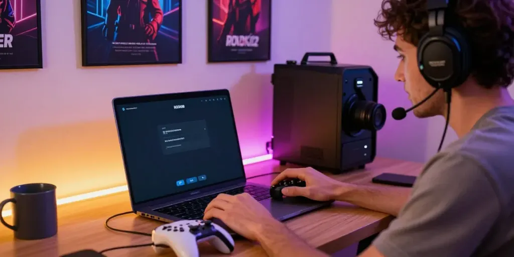 Player engaging with ROKOK88 on a laptop in a vibrant gaming workspace.