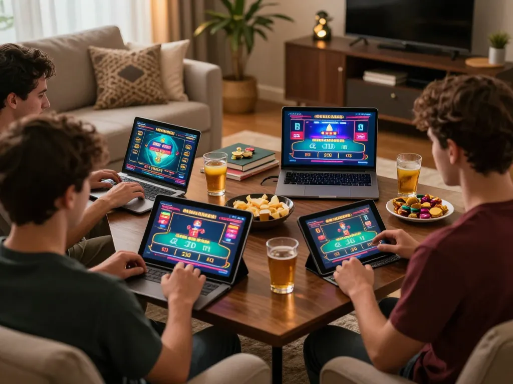 Players enjoying poker on Ace96au in a cozy home setting, immersed in online gaming excitement.