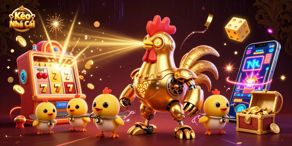 Kèo Nhà Cái features a golden robot and baby chick drones amidst exploding jackpots and casino games.