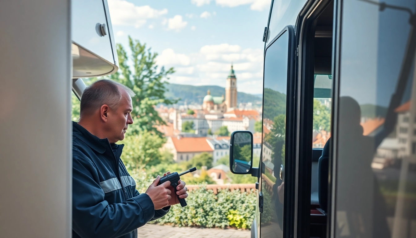 Wohnmobil Gutachten Augsburg: Mechanic inspecting a motorhome in Augsburg's scenic environment.
