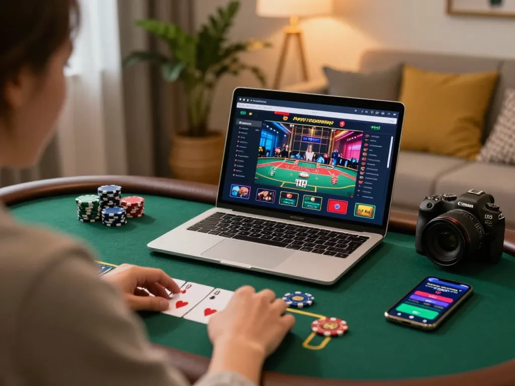 Engaging online blackjack gameplay at https://mb668.co/ showcasing a laptop interface and cozy home atmosphere.