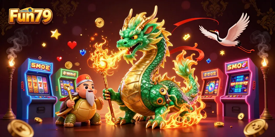 Experience the thrill of Fun79 with a jade dragon, lucky cranes, and engaging game elements.