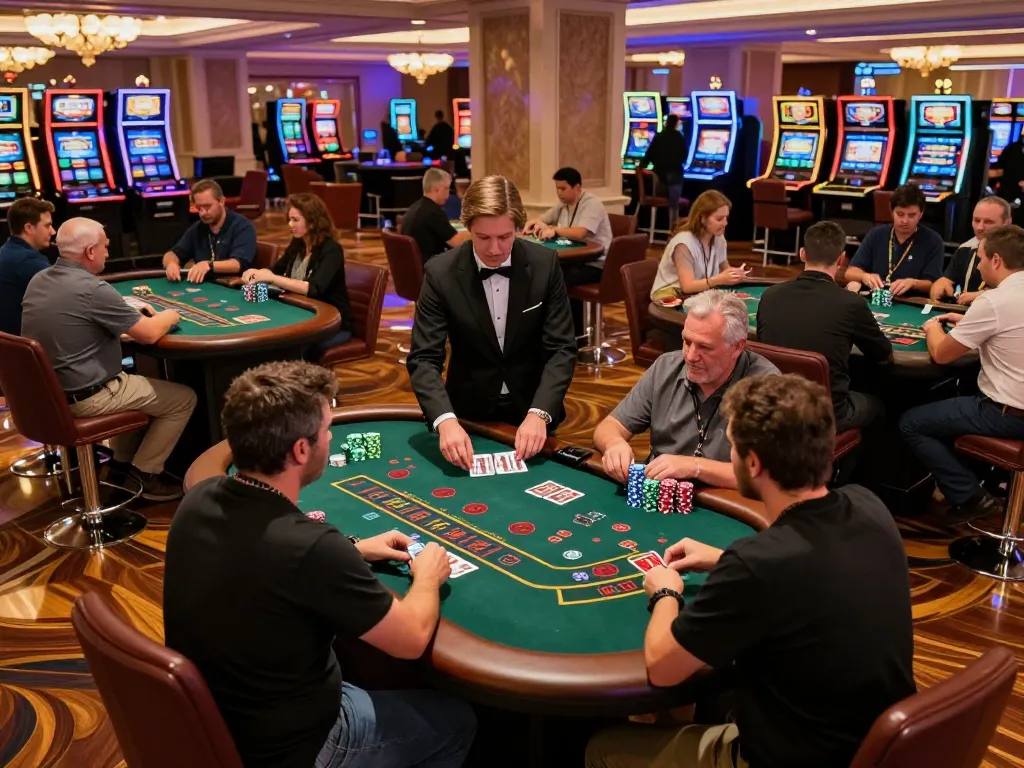 KJC casino floor showcasing players engaged in blackjack strategy amidst luxury decor