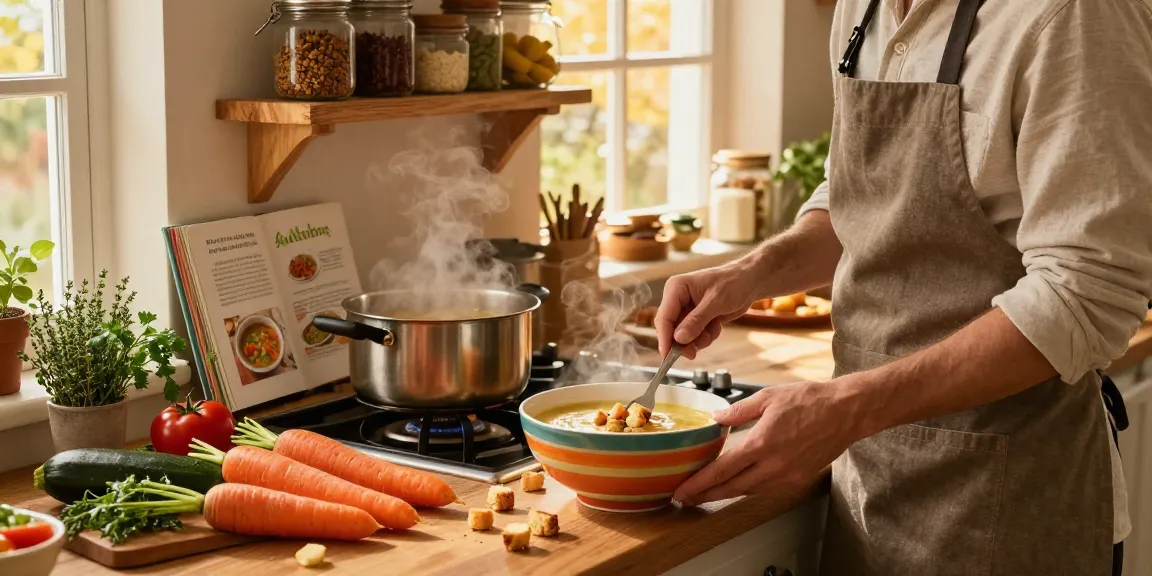 Leckere vegetarische Suppe, die mit frischen Zutaten in einer gemütlichen Küche zubereitet wird.